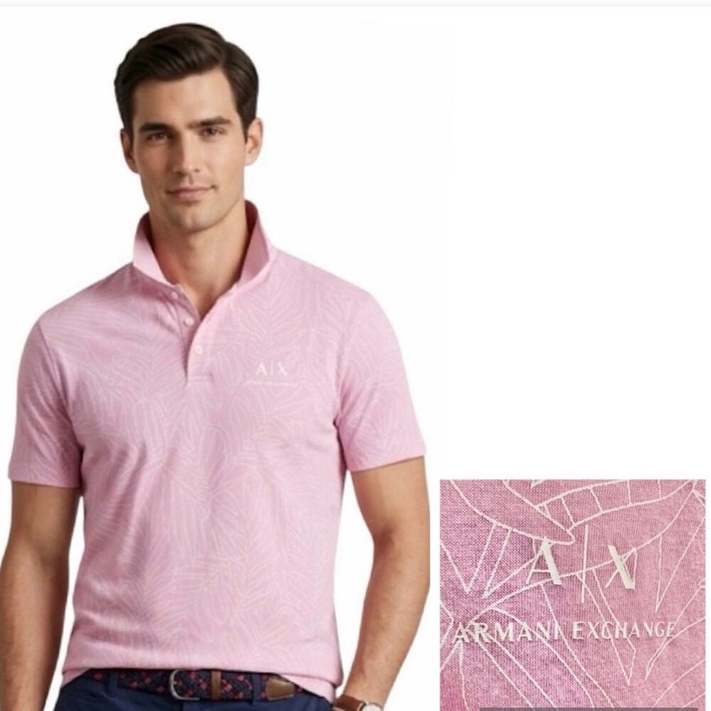 A|X Armani Exchange Men's L Polo Shirt Pink Tropical Graphic Short Sleeve Preppy
